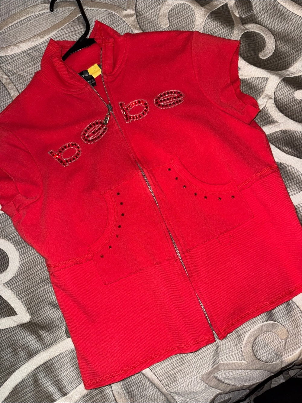 bebe Red Short Sleeve Zip-Up Top with Embellished Logo - Picture 4 of 5